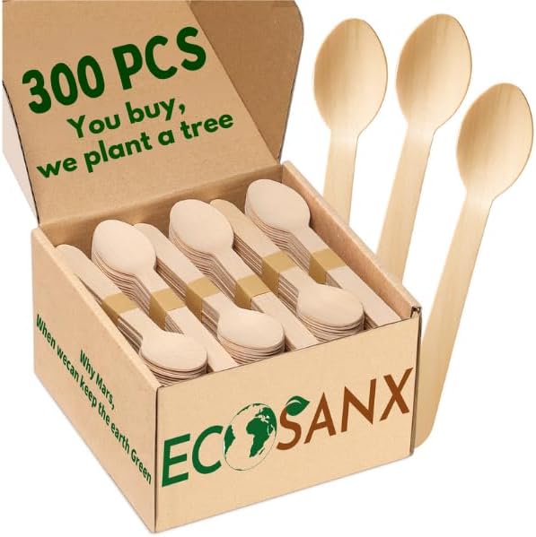 ECOSANX® 300 PCs Wooden spoons for eating, 6.5" Splinter Free small disposable by ECOSANX