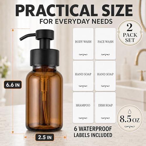 Amber Glass Foaming Soap Dispenser, 2 Pack, 8.5 Oz, Refillable