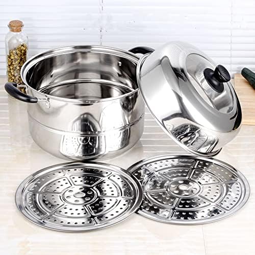 11.8inch Steam Pots with 3pcs Steamer Liners and Kitchen gripper 3-tier Stainless Steel Steamer Pot with Lid for Cooking Multipurpose Vegetable, Dumpling, Stock, Sauce