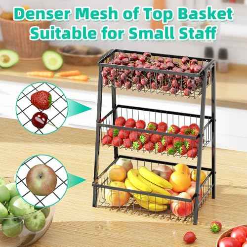 Simple Trending 3-Tier Trapezoidal Fruit Basket with 4 Banana Hooks, Extra Large Metal Wire Kitchen Organizer for Countertop - Rust-Proof for Fruits, Vegetables, Snacks, Bread Storage, Black
