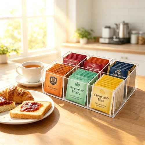 Clear Acrylic Tea Bag Organizer, 6-Slot Tea Bag Holder & Tea Packet
