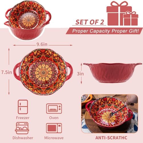 Boho Ceramic Serving Bowls with Handles Set of 2, Ceramic Large Serving Bowls, 40 Oz Porcelain Salad Bowls, Large Serving Dishes for Entertaining, Nesting Mixing Bowls for Soup,Stew,Fruits,Dinner