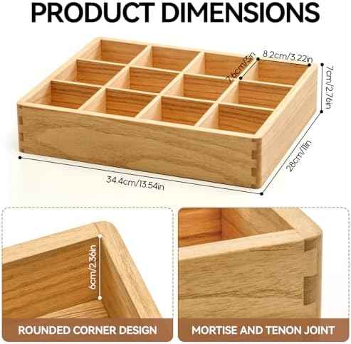 KIRIGEN Wooden Tea Bag Organizer for Drawer, 12 Compartments, Natural