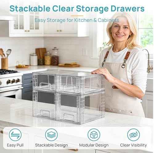 Vtopmart Clear Stackable Storage Drawers, 4 Pack