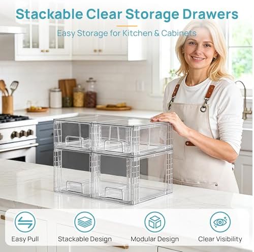 Vtopmart Clear Stackable Storage Drawers, 4 Pack