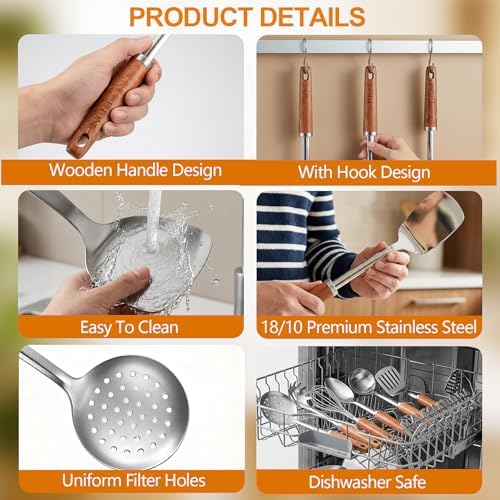 9-Piece Stainless Steel Kitchen Utensil Set with Wooden Handles