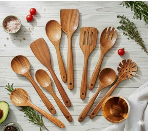 Home Hero 11-Piece Teak Wooden Utensil Set