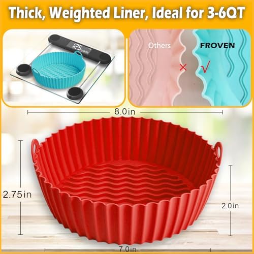 FROVEN 8 Inch Round Silicone Air Fryer Liners (2 Pack) Reusable Red &