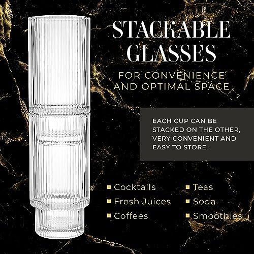 Kitchen Lux Ribbed Glass Cups 12oz (Set of 6) Highball Tall Glass