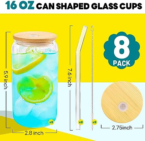 Joyclub 8pcs 16Oz Glass Cups with Bamboo Lids and Straws Drinking