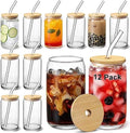 [12pcs Set] Glass Cups with Bamboo Lids and Glass Straw - Beer Shaped