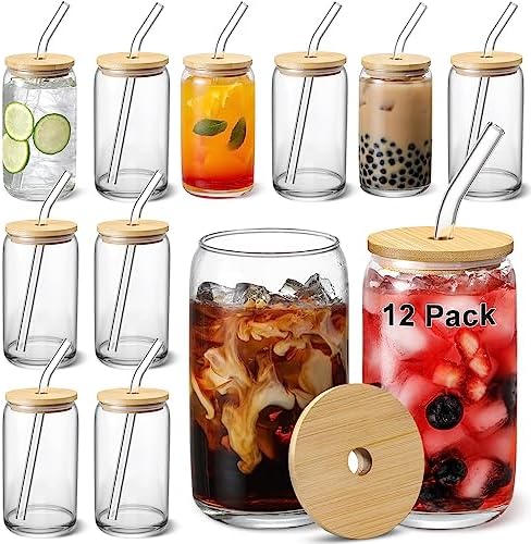 [12pcs Set] Glass Cups with Bamboo Lids and Glass Straw - Beer Shaped