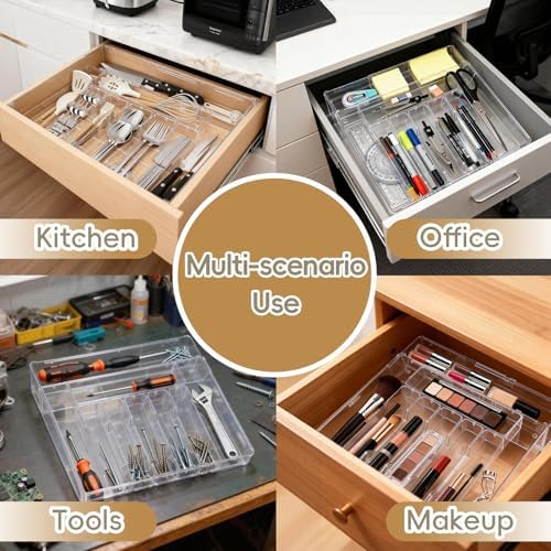Expandable Silverware Organizers for Kitchen Drawer, Clear Utensil
