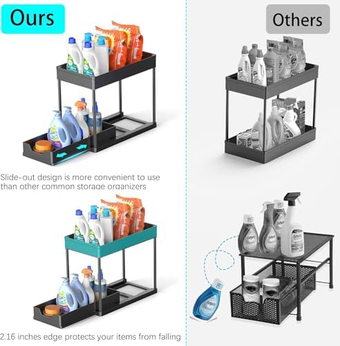 2 Pack black Under Sink Organizers and Storage, 2-Tier Sliding Cabinet Basket Organizer with Hooks, Multi-Purpose Under Sink Organizers and Storage for Bathroom Kitchen