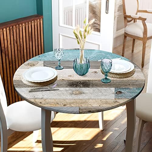 Farmhouse Round Fitted Tablecloth with Elastic Edge Wood Texture