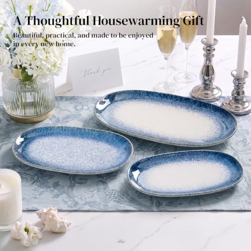 DOWAN Ceramic Serving Platters Set of 3 - Oval, Blue-to-White Ombre