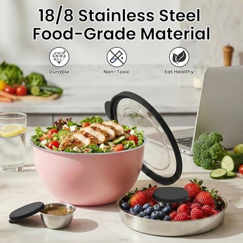 Rorence 18/8 Stainless Steel Salad Bowl Kit,3QT,Pink