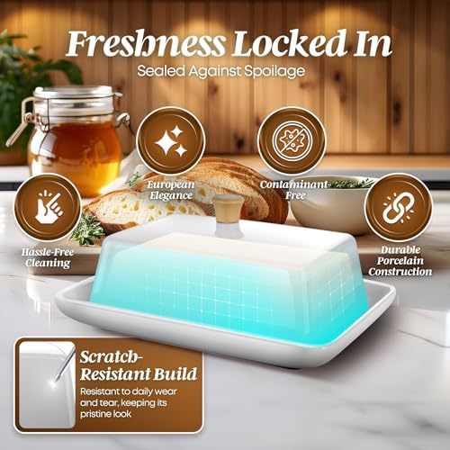 Flexzion Extra Large Ceramic Butter Dish with Lid, 8 Inch, White