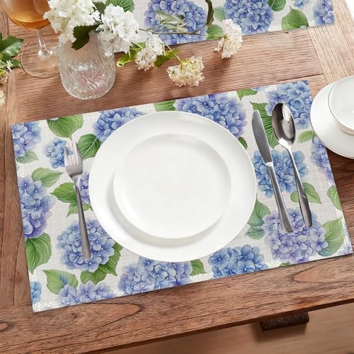 Blue Hydrangea Flower Fabric Placemats,Spring Floral Table Placemats