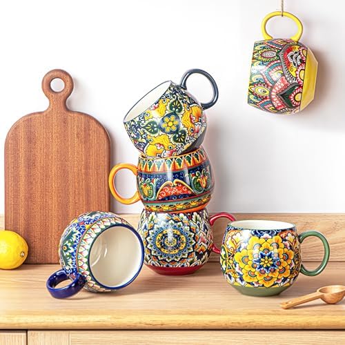 Henten Home Ceramic Coffee Mug Set of 6, 20 oz Colorful Coffee Cup