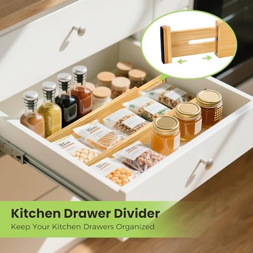Fyvva Drawer Organizer, Spring-Loaded Expandable Bamboo Dividers