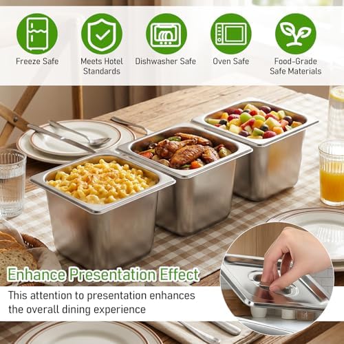 8 Pack Stainless Steel Hotel Pans, 1/6 Size Hotel Steam Table Pan