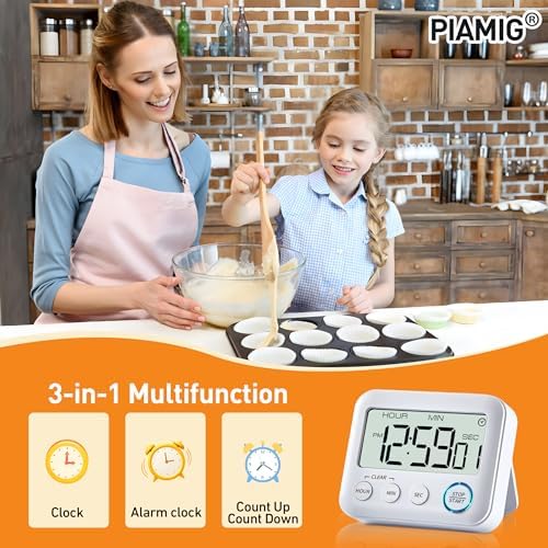 Digital Kitchen Timer Alarm Clock, Large LCD Display, White