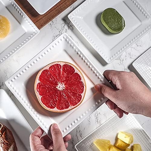 Embossed Ceramic Appetizer & Dessert Plates - Set of 6, 6 inch White