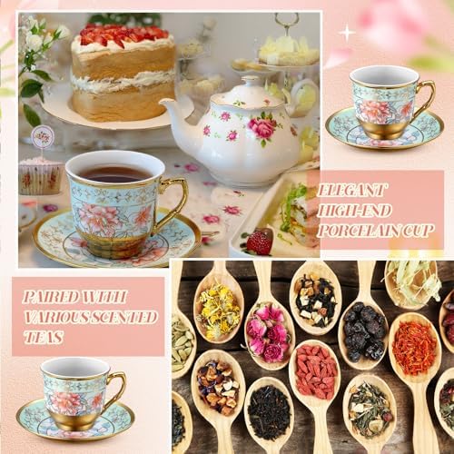 6 Pcs Green 3 oz Vintage Floral Tea Cup Set, Porcelain Gold Rim