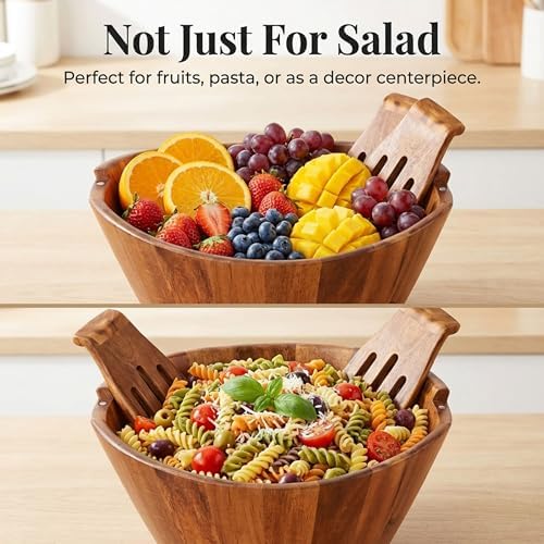 Night Tree Large wooden salad bowl with serving forks mixing, wood