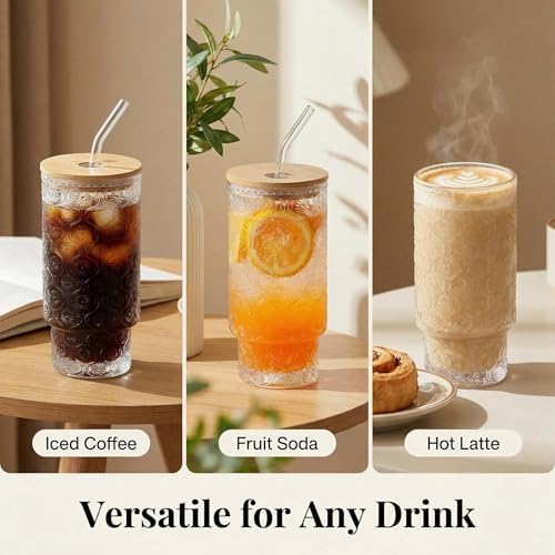 KUHNMARVIN 4Set Iced Coffee Glass Tumbler with Bamboo Lid and Glass