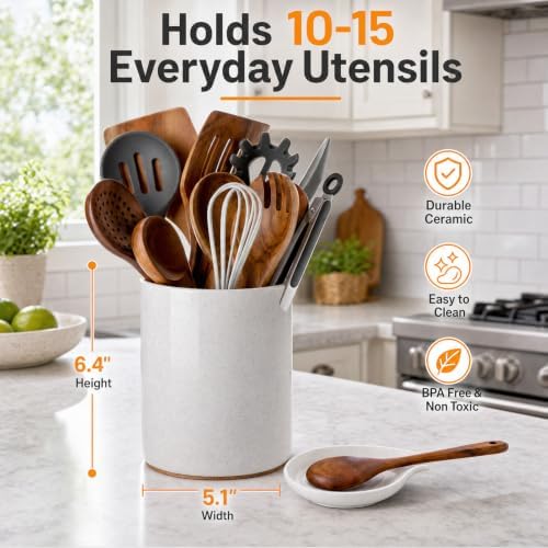 Ceramic Utensil Holder with Spoon Rest for Kitchen Counter, 6.4''