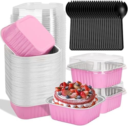 selizo 60 Pack 10oz Mini Disposable Cake Pans with Lids, Aluminum Foil