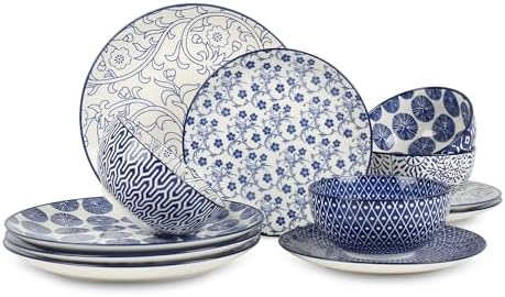 Selamica Ceramic Dinnerware Sets, 12 pcs Plates and Bowls Sets,Vintage