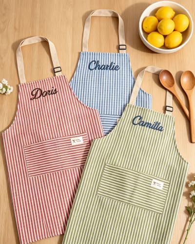 Custom Embroidered Striped Kitchen Apron with Adjustable Strap & 2