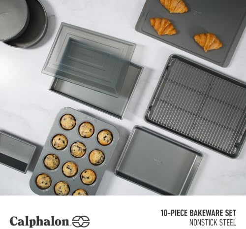 Calphalon Titan 10-Piece Nonstick Bakeware Set, Baking Sheet Set, Steel Core PFA-Free Nonstick Coating, Oven Safe, Includes Sheet Pans, Muffin Pan, Round Cake Pans, Loaf Pan and Cooling Rack - Silver