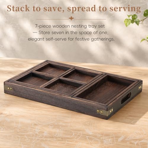 Wood Serving Tray with Handle, Set of 7 Nesting Rectangular Trays for