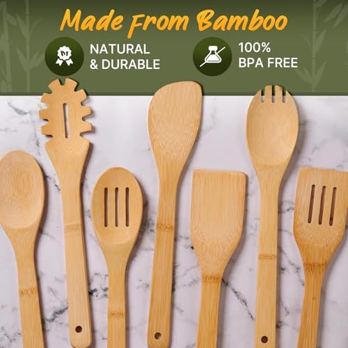 Wooden Utensil Set, Bamboo Utensils – 7 PCs Wood Spoons for Cooking