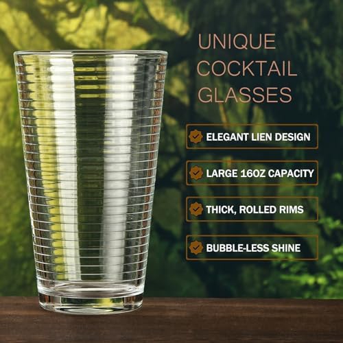 ALINK 16 oz Drinking Glasses, Set of 6 Highball Glasses, Ribbed