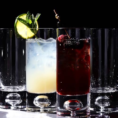 LEMONSODA Crystal Bubble Base Collins Highball Glass, Set of 4, 12oz