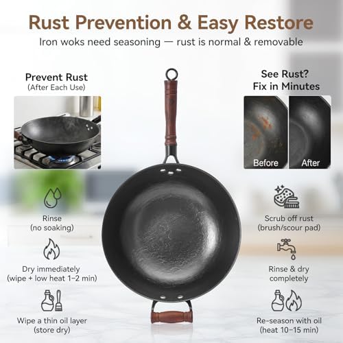 WANGYUANJI 13.4 Inch Cast Iron Wok Pan with Lid, Flat Bottom Uncoated Stir Fry Skillet, Heavy Duty Chinese Iron Pot for Family Cooking, Induction & Gas Stoves Compatible