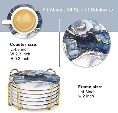 Coasters Set of 6, Navy Blue Marble Abstract Ceramic Coasters with
