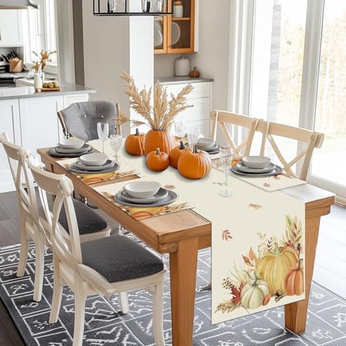 Bonhause Pumpkin Leaves Fall Placemats Set of 4, 12x18 Inch Autumn