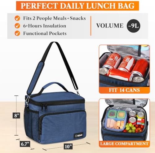 opux Insulated Lunch Bag for Men Women, Leakproof Soft Lunch Box, Navy