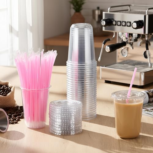 Ziliny 100 Pack 16 oz Plastic Cups with Lids Straws Iced Coffee, Pink