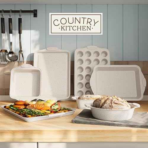 Country Kitchen Nonstick Stackable Bakeware Set - Heavy Duty, Durable, Easy Release Baking Set, Cream, 10 Pcs
