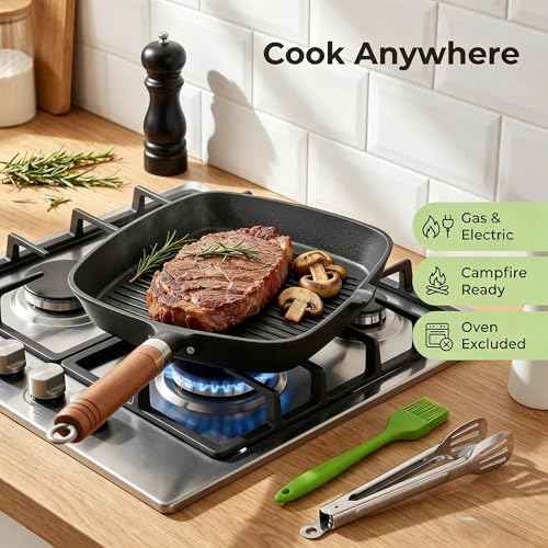 Cast Iron Grill Pan, 9 inch Griddle Pan Skillet with Wooden Handle, Kitchen Tong & Oil Brush included