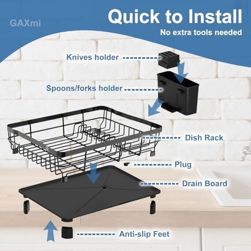 GAXmi 1-Tier Dish Drying Rack with Drainboard, Black