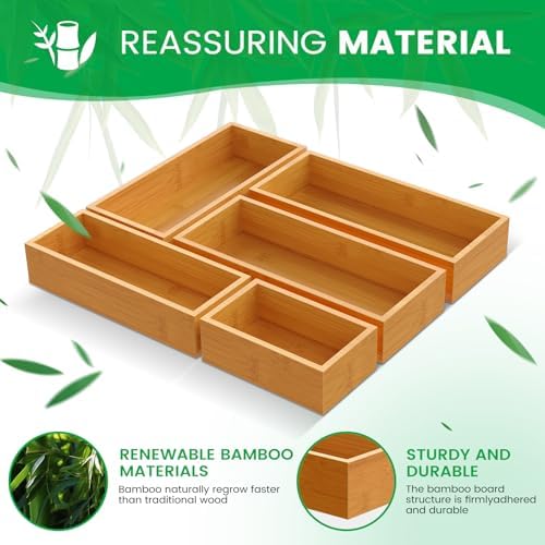 Bamboo Drawer Organizer Set, 5-Piece Storage Trays for Kitchen