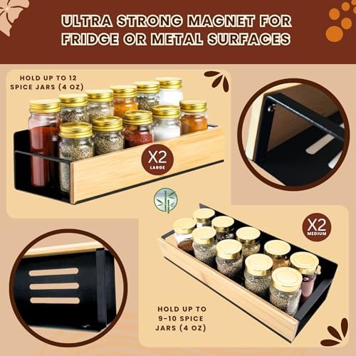 4 Pack Magnetic Spice Rack for Refrigerator, Real Bamboo
